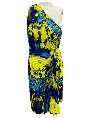 MSGM BLUE / NEON GREEN PLEATED ONE SHOULDER COCKTAIL DRESS